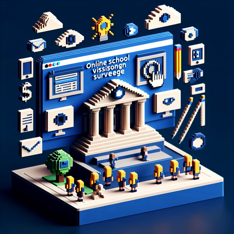 3D voxel art depicting online school vision survey process on a dark blue background.