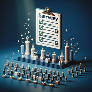 3D voxel art depicting online leadership survey concept on a dark blue background.
