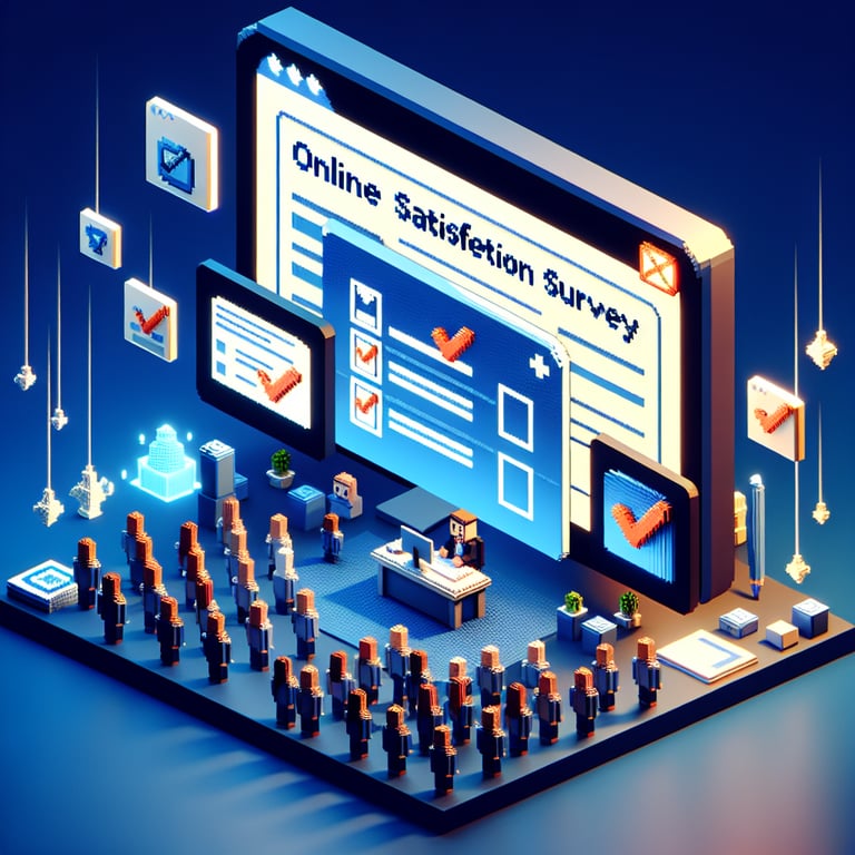 3D voxel art depicting online benefits satisfaction survey with a dark blue background.