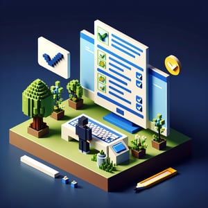 3D voxel art of online environmental awareness survey with a dark blue background.