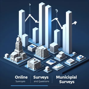 3D voxel art depicting online municipal budget surveys on a dark blue background.