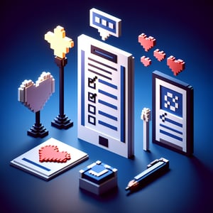 3D voxel art depicting online dating app surveys against a dark blue background.