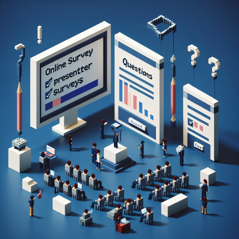 Creative 3D voxel illustrating presenter evaluation survey