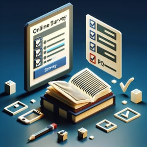 3D voxel art depicting online book surveys against a dark blue background.