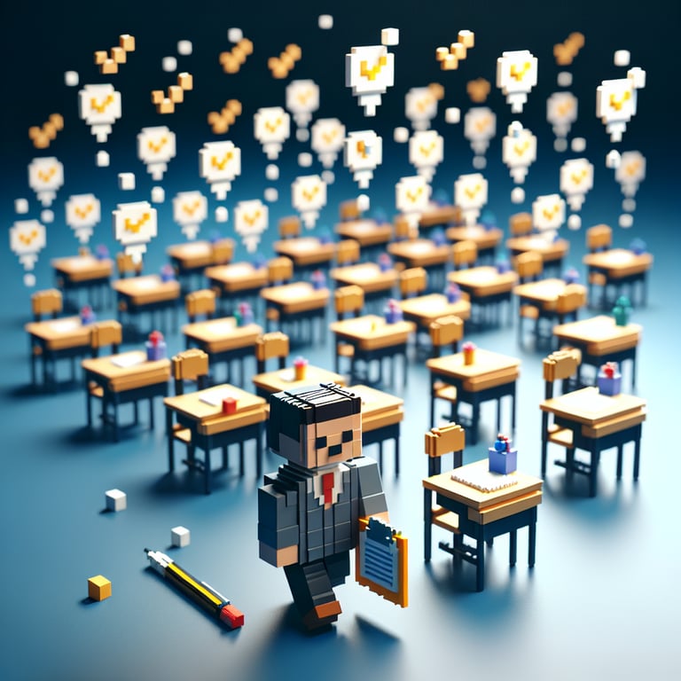 Artistic 3D voxel art depicting an interactive middle school class poll