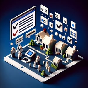 3D voxel art depicting online household composition surveys on a dark blue background.