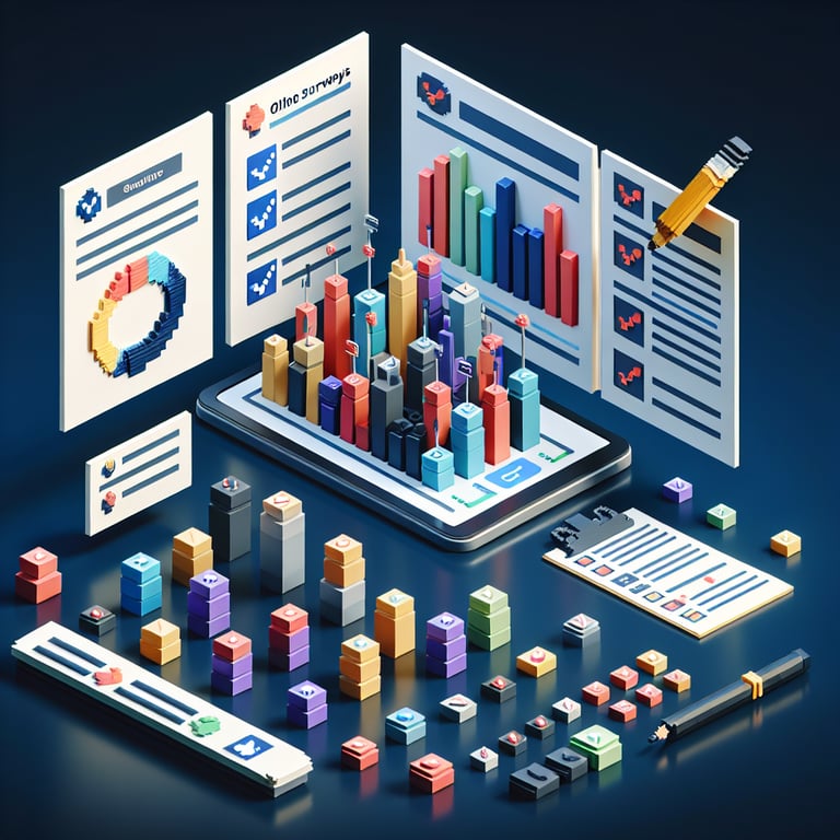 3D voxel art depicting the concept of lean business model verification surveys on a dark blue background.