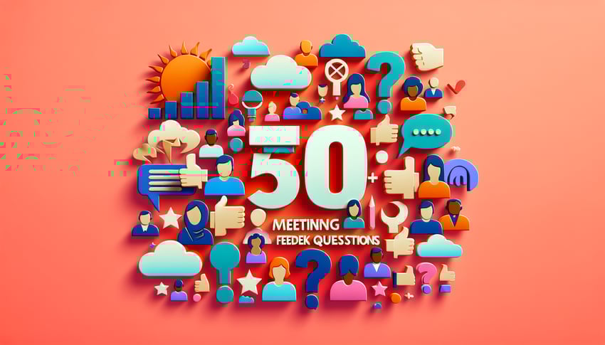 Paper-cut style illustration featuring various meeting feedback questions and quick poll templates.