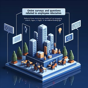 3D voxel art depicting the concept of online employee relocation surveys on a dark blue background.
