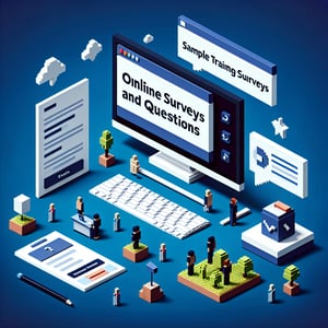 3D voxel art depicting the concept of online training surveys on a dark blue background.