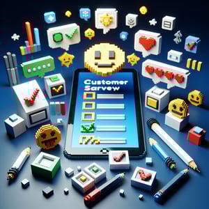 3D voxel art depicting the concept of online customer satisfaction surveys on a dark blue background.