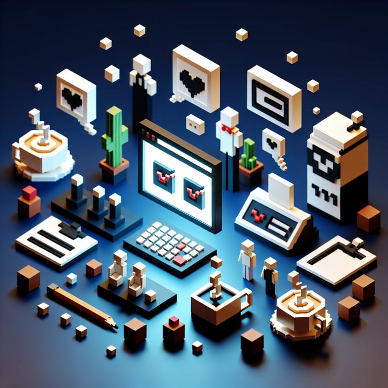 3D voxel art depicting an online survey concept, set against a dark blue background, related to coffee shop surveys.