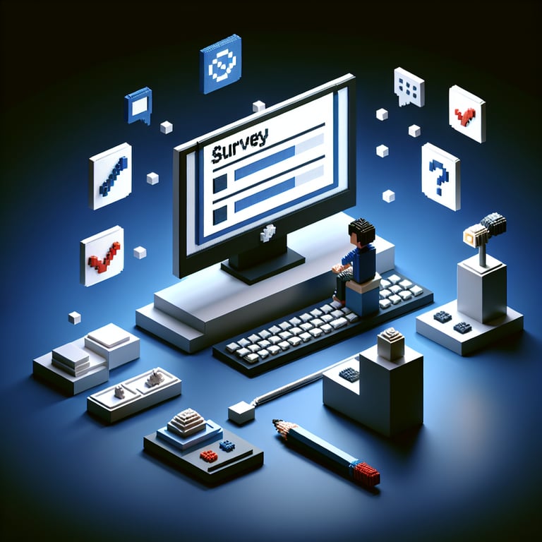 3D voxel art depicting online age survey process on a dark blue background.