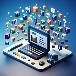 3D voxel art depicting the concept of engaging and fun online surveys on a dark blue background.