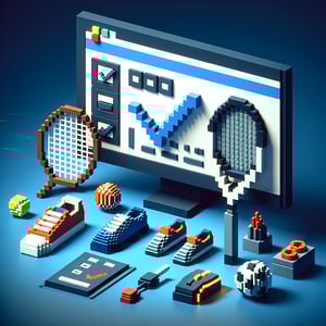 3D voxel art depicting online sports survey concept on a dark blue background.