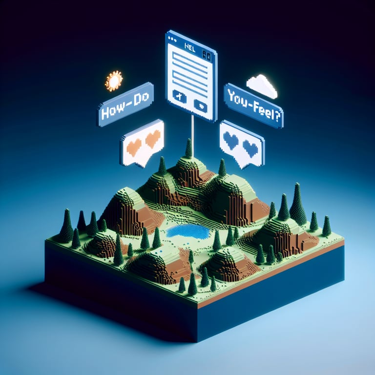 3D voxel art depicting online 'how do you feel' surveys on a dark blue background.