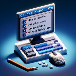 3D voxel art depicting online surveys concept on a dark blue background.