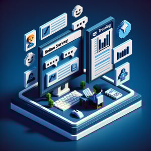 3D voxel art depicting online training feedback surveys on a dark blue background.