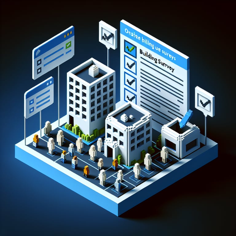 3D voxel art depicting online building use surveys on a dark blue background.