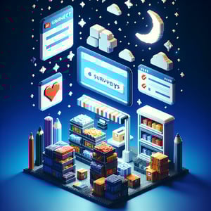 3D voxel art showcasing online surveys for new product samples on a dark blue background.