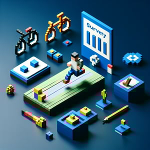 3D voxel art depicting online physical activity surveys on a dark blue background.