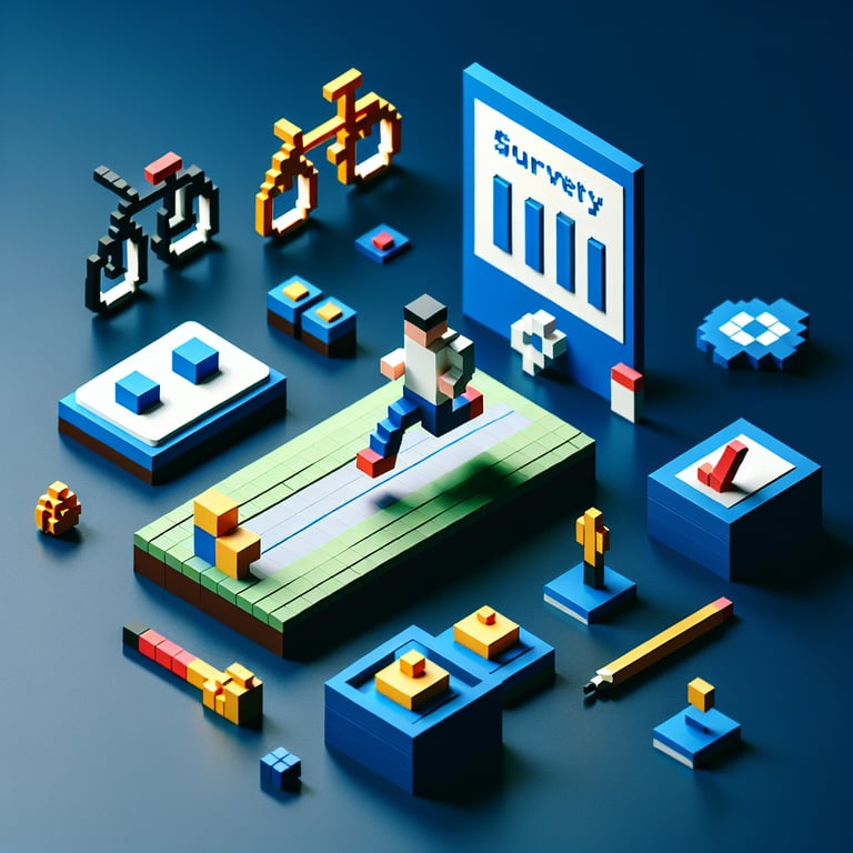 3D voxel art depicting online physical activity surveys on a dark blue background.