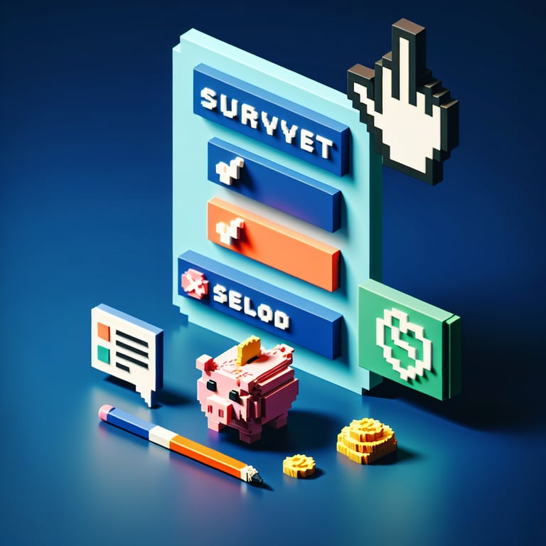 Creative 3D voxel model illustrating an online savings questionnaire in dark blue hues