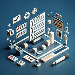 3D voxel art depicting online work environment surveys on a dark blue background.