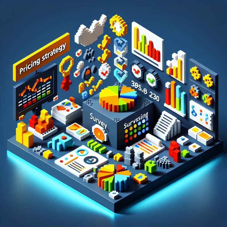 3D voxel art depicting online survey concept, emphasizing on pricing strategy, set against a dark blue background.