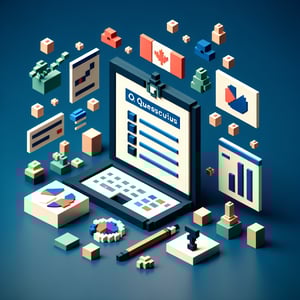 3D voxel art depicting the process of completing online Canadian census surveys on a dark blue background.