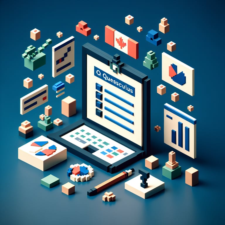 3D voxel art depicting the process of completing online Canadian census surveys on a dark blue background.