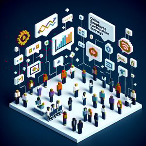 3D voxel art depicting the concept of online employee communication surveys on a dark blue background.