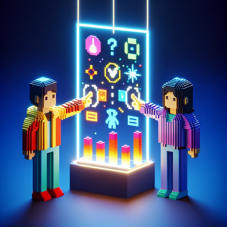 3D voxel art depicting online sibling surveys with a dark blue background.