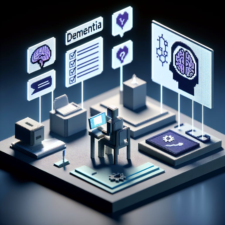 3D voxel art depicting online dementia surveys on a dark blue background.