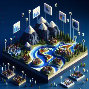 3D voxel art depicting online geographic demographic surveys on a dark blue background.