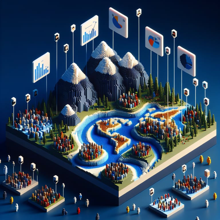 Artistic 3D voxel map symbolizing spatial population analysis