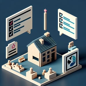 3D voxel art depicting the concept of American housing survey interview questions on a dark blue background.