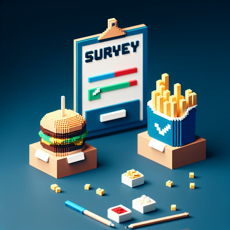 3D voxel art depicting an online survey theme with elements representing McDonald's and Burger King.