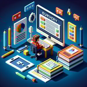 3D voxel art depicting online student surveys with a dark blue background.