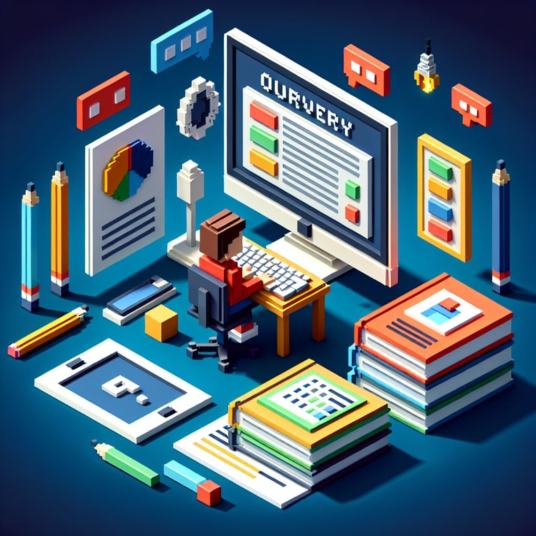 3D voxel art depicting online student surveys with a dark blue background.
