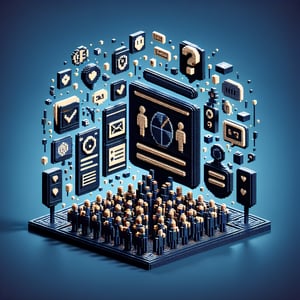 3D voxel art depicting online guest speaker surveys on a dark blue background.