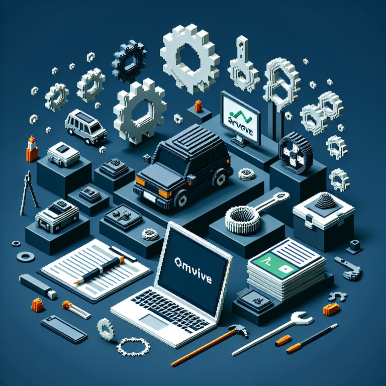 3D voxel art depicting online auto repair surveys on a dark blue background.