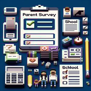 3D voxel art depicting online school parent satisfaction survey with a dark blue background.
