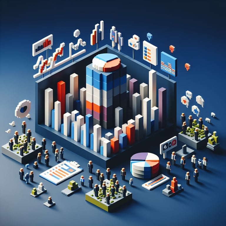 3D voxel art depicting the concept of online demographic surveys on a dark blue background.