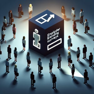 3D voxel art depicting online employer branding surveys on a dark blue background.