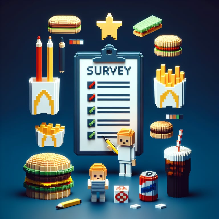 3D voxel art depicting an online survey concept with fast food items, on a dark blue background.