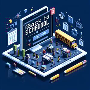 3D voxel art depicting online back-to-school surveys on a dark blue background.