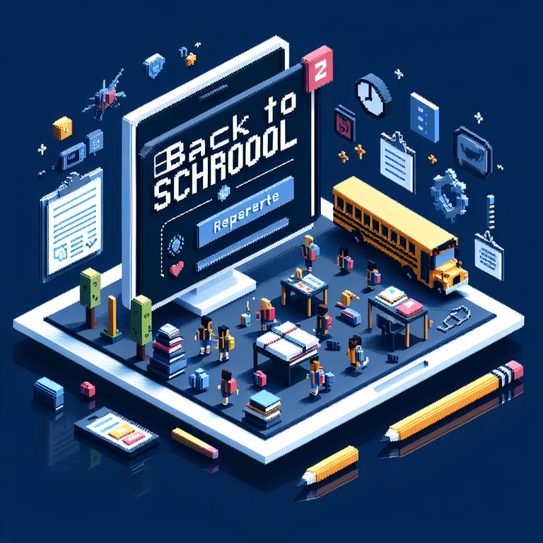 3D voxel art depicting online back-to-school surveys on a dark blue background.
