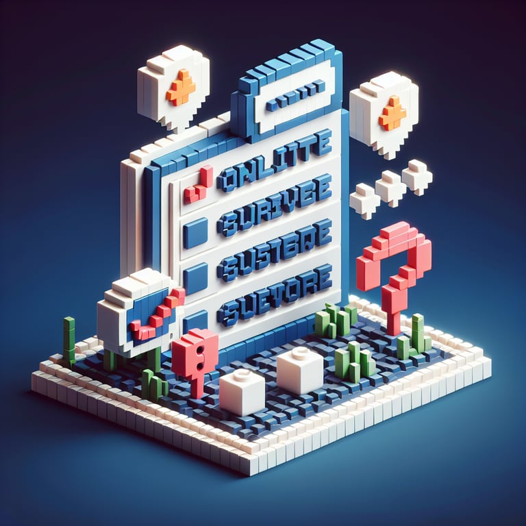 3D voxel art depicting online surveys and questions on a dark blue background.