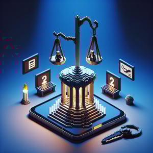 3D voxel art depicting online survey concept, themed around capital punishment, on a dark blue background.